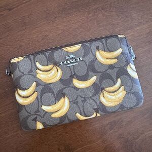 Coach Brown and Yellow Banana Print Corner Zip Wristlet (missing strap)